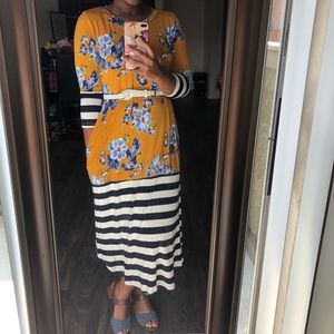 Floral Striped High-Low Dress (Mustard)